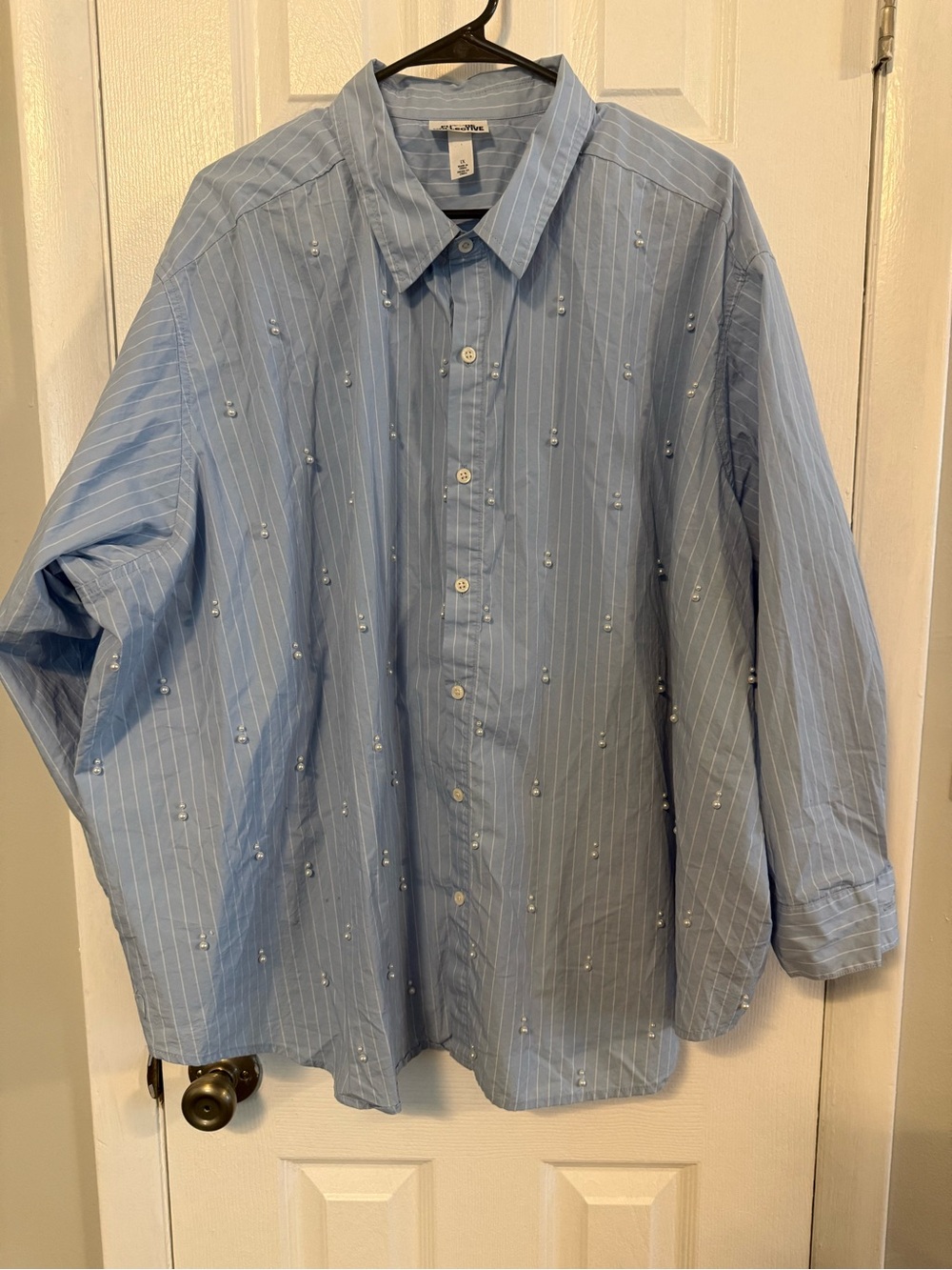 1x Blue Pinstripe Button-Down Shirt with Embellishments- oversized look